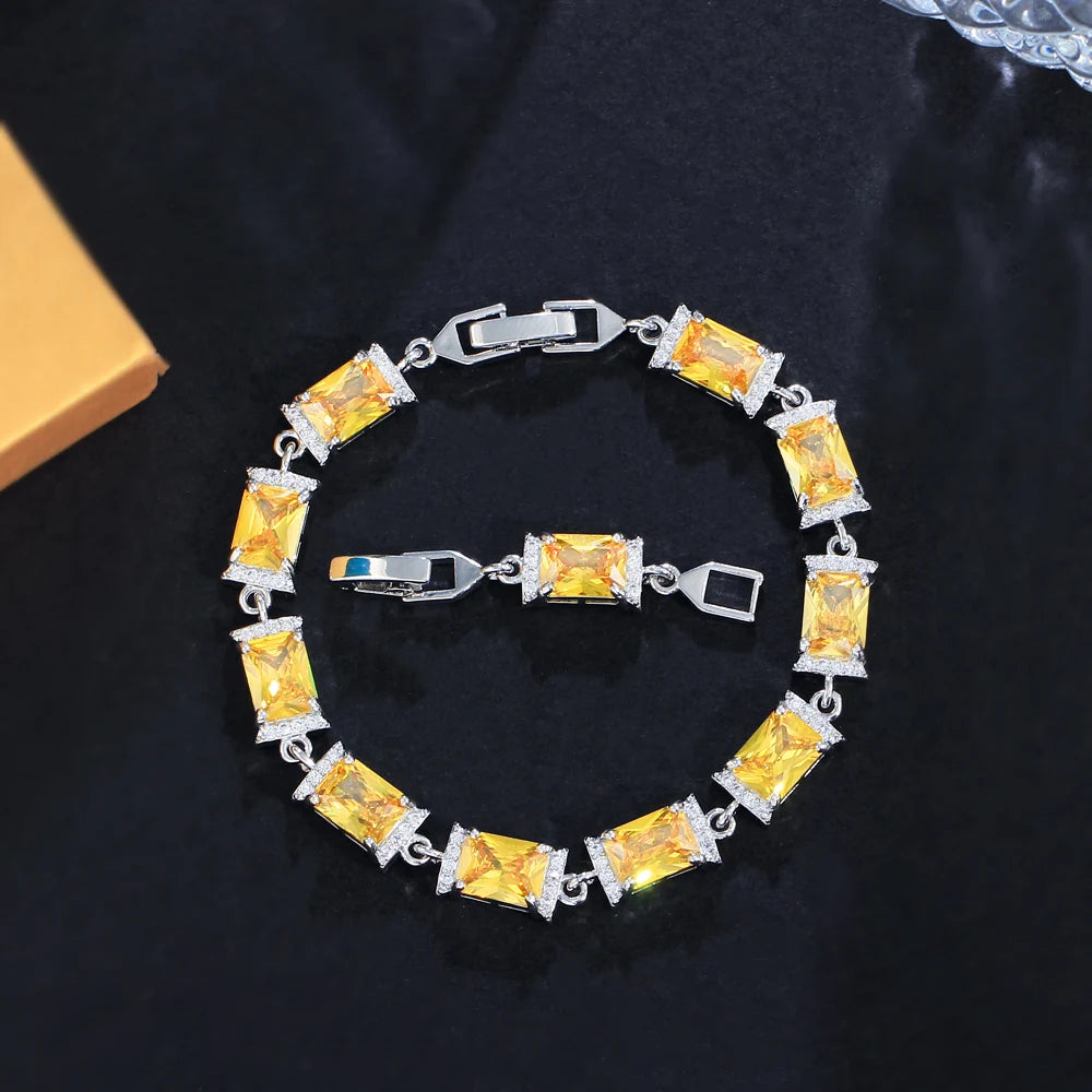 Gemfiori Glamorous Jewelry Gold Plated Rectangle Light Green Cubic Zirconia Anniversary Wedding Party Chain Link Bracelets for Women Man