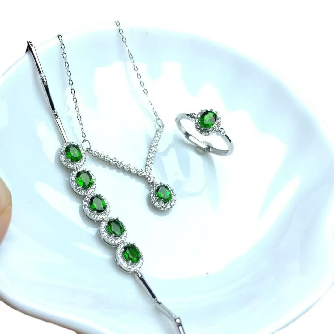 Jewelry 925 Sterling Silver Natural Diopside Ring Bracelet Necklace Set Engagement Gift 18K Gold-plated Women's Jewelry
