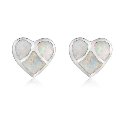 Patchwork Heart Opal Stud Earrings - Iridescent Opal Segment Design | Dainty Romantic Daily Jewelry Bulk Gifts