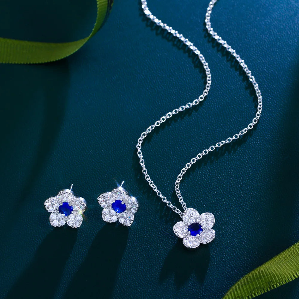 S&S Flower CZ Necklace & Earrings Set – Red, Blue, White & Green – Collection