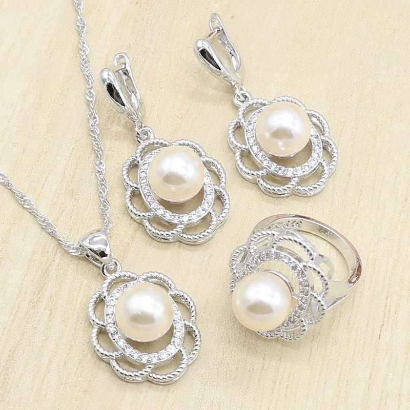 XOTICA 925 Silver Bridal Jewelry Set for Women Pearl Necklace Earrings Rings Pendant-Wedding or Party Gift