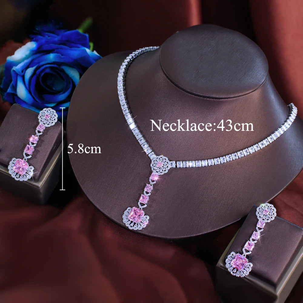 Glamorous Cubic Zirconia Necklace and Earrings Shimmering Pink White Jewelry Set for Women Wedding Anniversary Banquet Jewellery