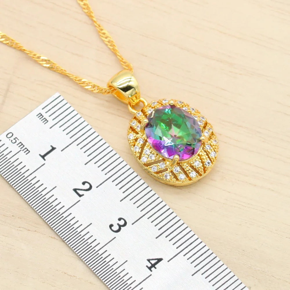 XOTICA Geometric Gold Plated Set for Women Rainbow Stones Alloy Bracelet Hoop Earrings Necklace Ring for Wedding Party Birthday Gift
