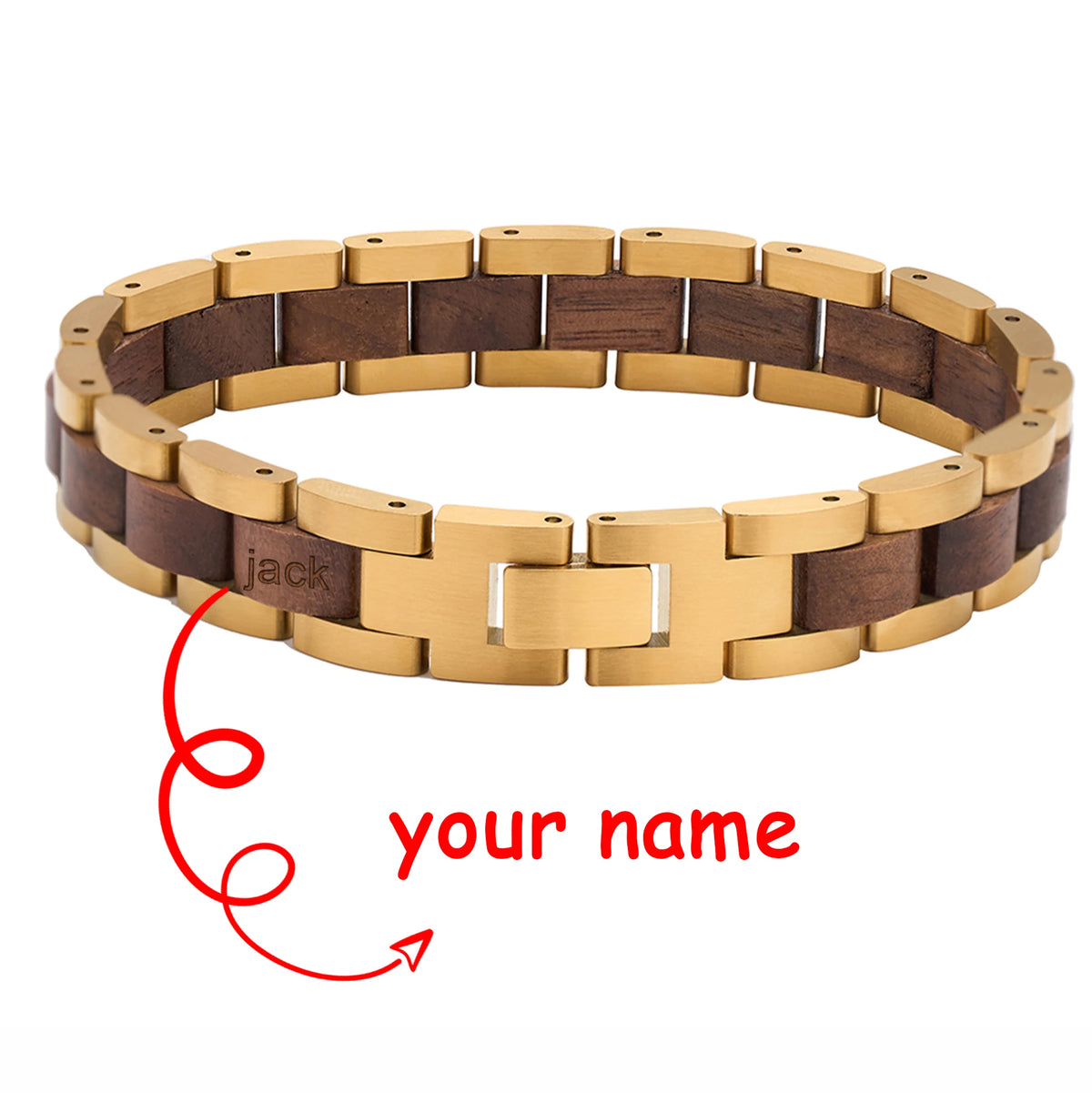 REBEL Handmade Unisex Natural Walnut Wood Luxury Trendy Gift Jewelry & Gold Stainless Steel Chain & Link Bracelet