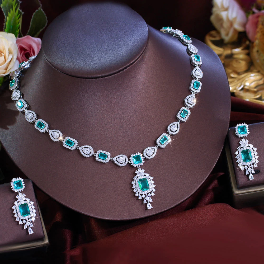 Silver Plated Light Green Square Cubic Zirconia Jewelry Set Accessories Prom Wedding Bridal Long CZ Earrings Necklace for Women