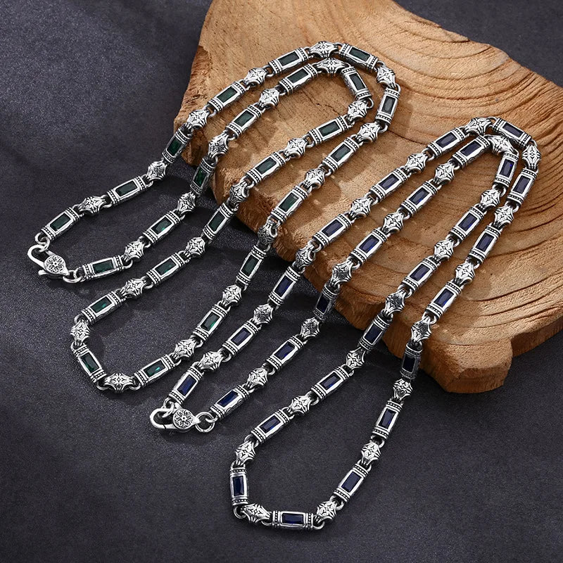 S&S 925 Silver Tang Grass Pattern Necklace | Zircon Set | 5mm Sweater Chain | Blue & Green