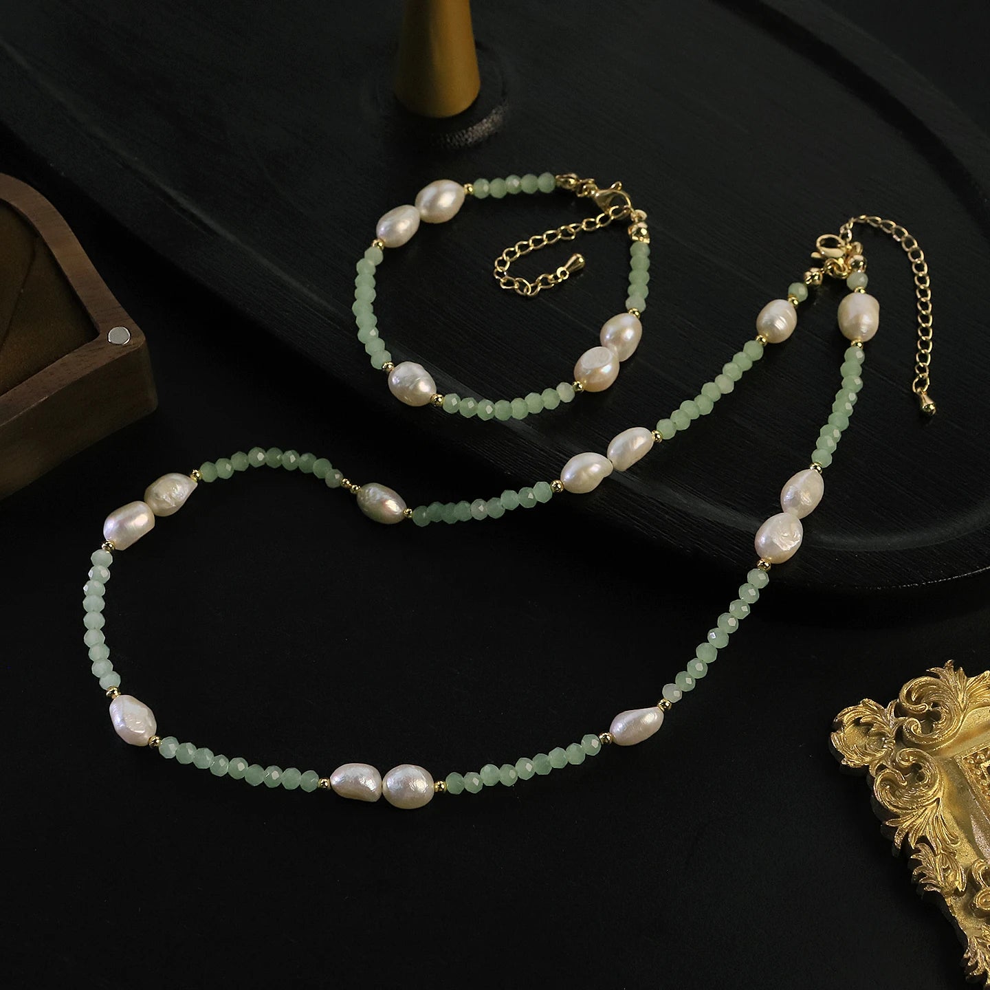 GLSEEVO Natural Freshwater Baroque Pearl & Mint Crystal Beaded Necklace & Bracelet Set — Dainty Office Jewellery