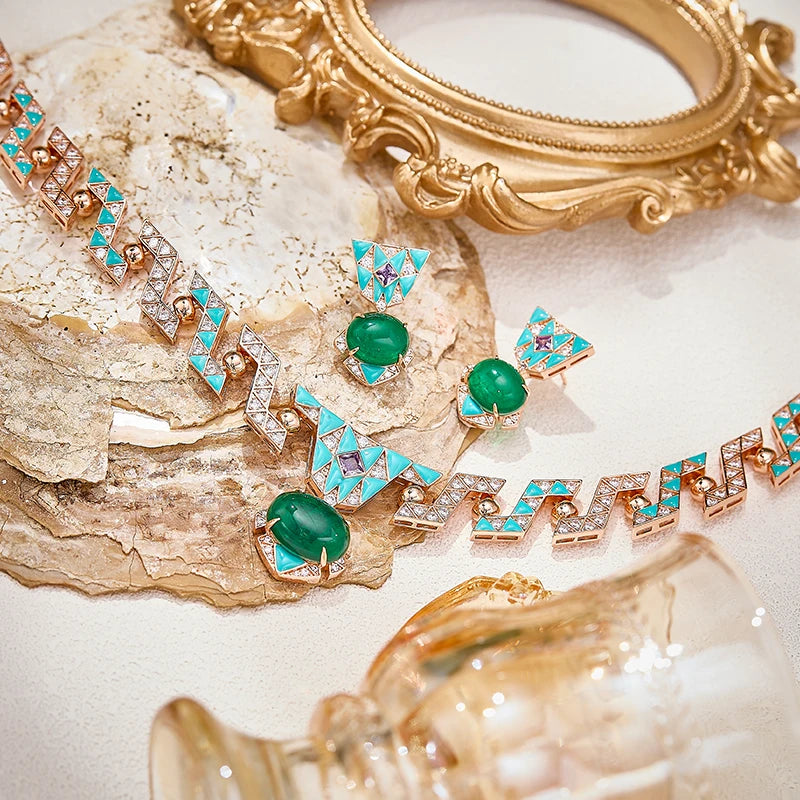 Bohemian Style Enamel Green Zirconium Necklace Earrings Two-piece Set Rose Gold Gold-plated High-quality Wedding Jewelry