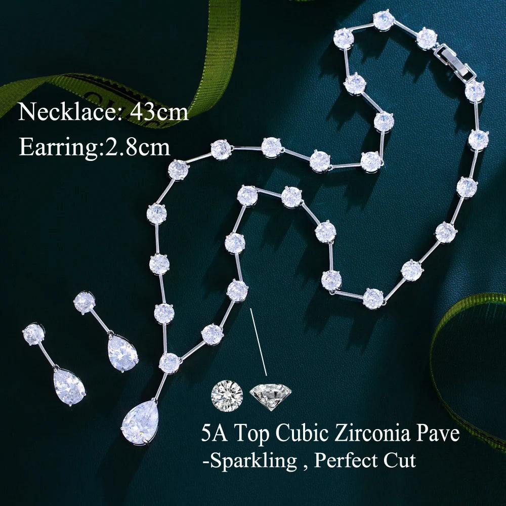 Sparkling White Cubic Zirconia Crystal Necklace and Earrings Big Chunky Water Drop Bridal Jewelry Set for Women Wedding