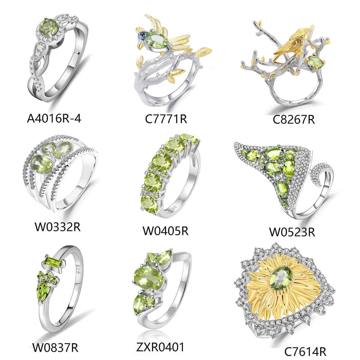 ArtistA Abiding Custom Green Natural Gemstone Ring Collection 925 Silver Natural Peridot Rings with Regular Open 2 Tone Design