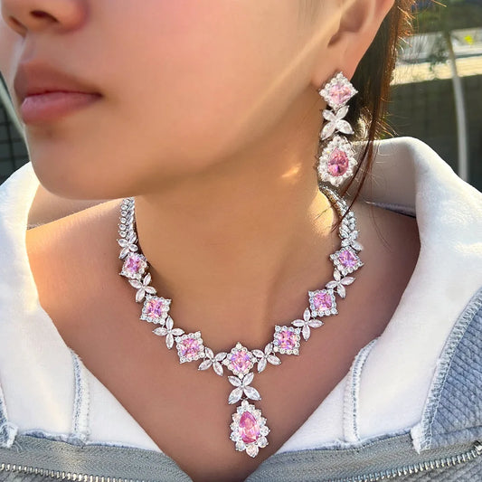 Luxury Pear-Cut Zirconia Water Drop Floral Necklace & Earrings Bridal Set — Rhodium Plated