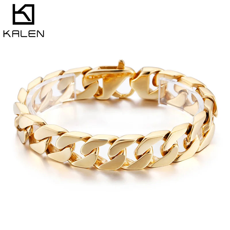 KALEN 22cm Stainless Steel Gold Cuban Chain Bracelet for Men