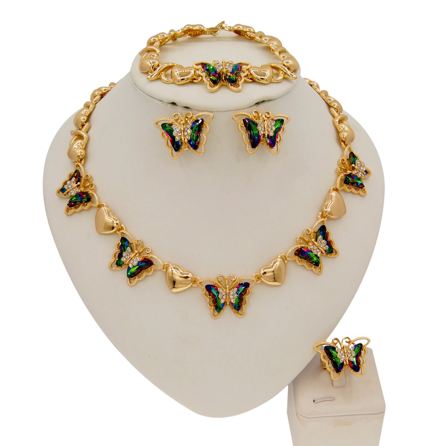 Zhuerrui Hot Sale Butterfly Xoxo Necklace Set Rhinestones Exquisite 4Piece Set Gold Filled Women Bridal Jewelry Set X0194