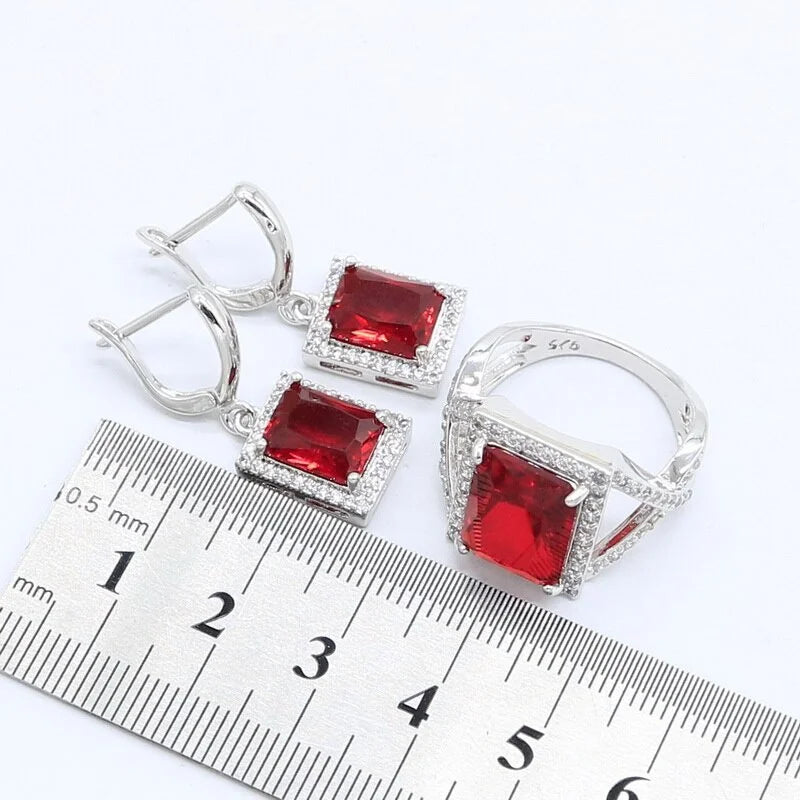 XOTICA Women's Red Zirconia Bridal Jewelry Set Silver Color Wedding Pendant Bracelet Rings Necklace for Parties Gifts Engagements