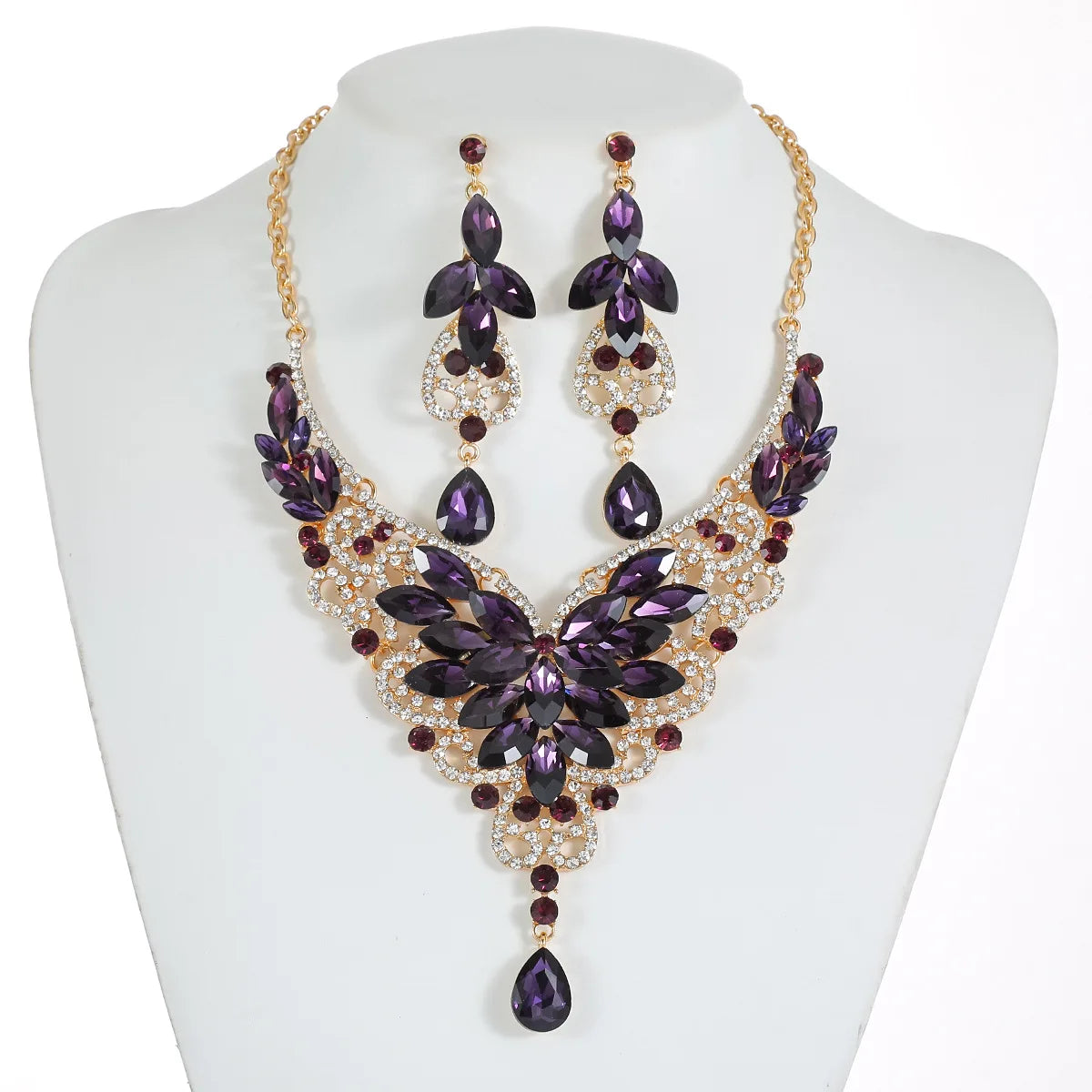 Crystal Stacked Butterfly Necklace & Earrings Jewellery Set | 10 Colours Geometric Glam Fashion Set