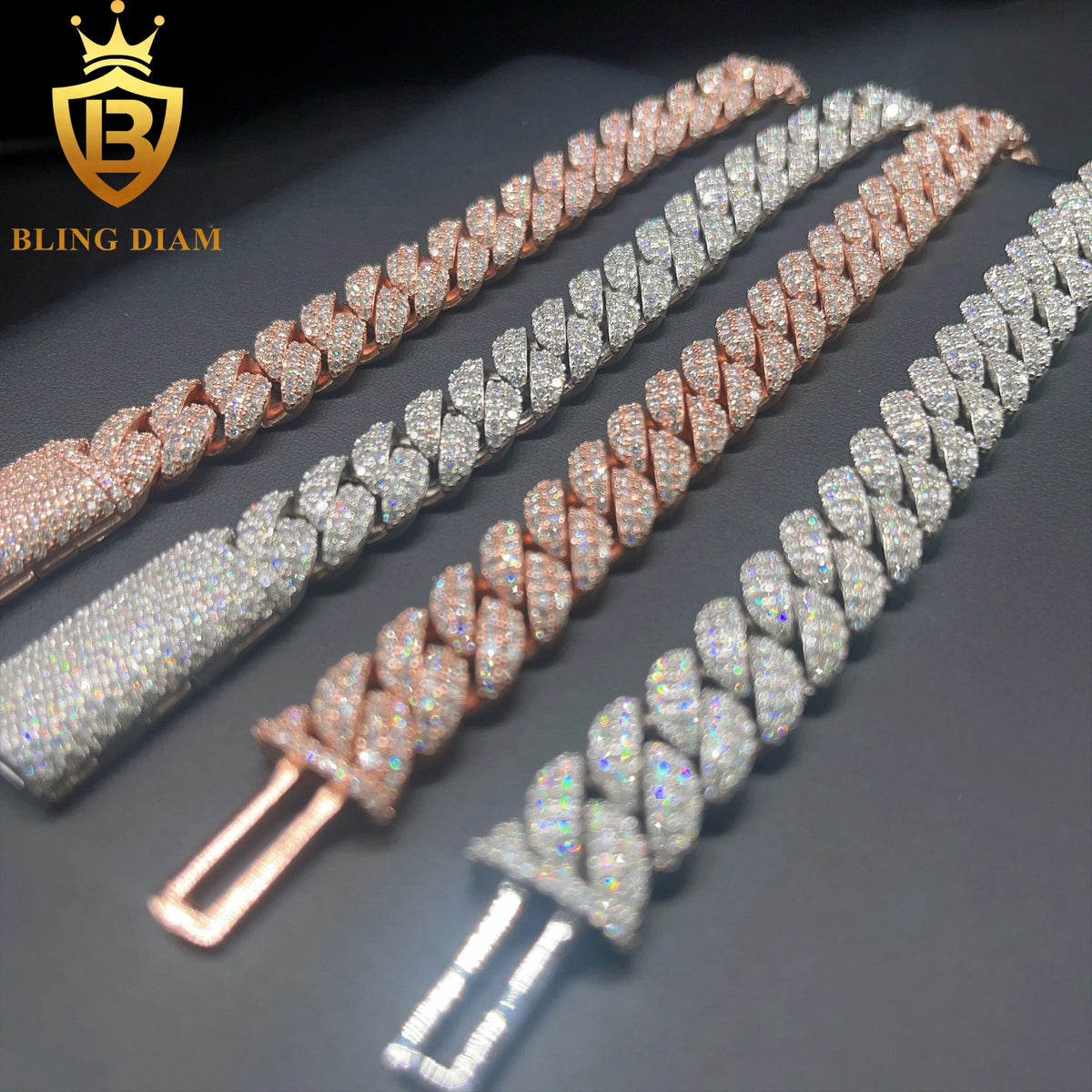BiG-BOSS In Stock 12mm Moissanite Cuban Link Chain Necklace Iced Out 925 Silver diamond Rose Gold Cuban Chain Hi Hop Rapper Jewelry