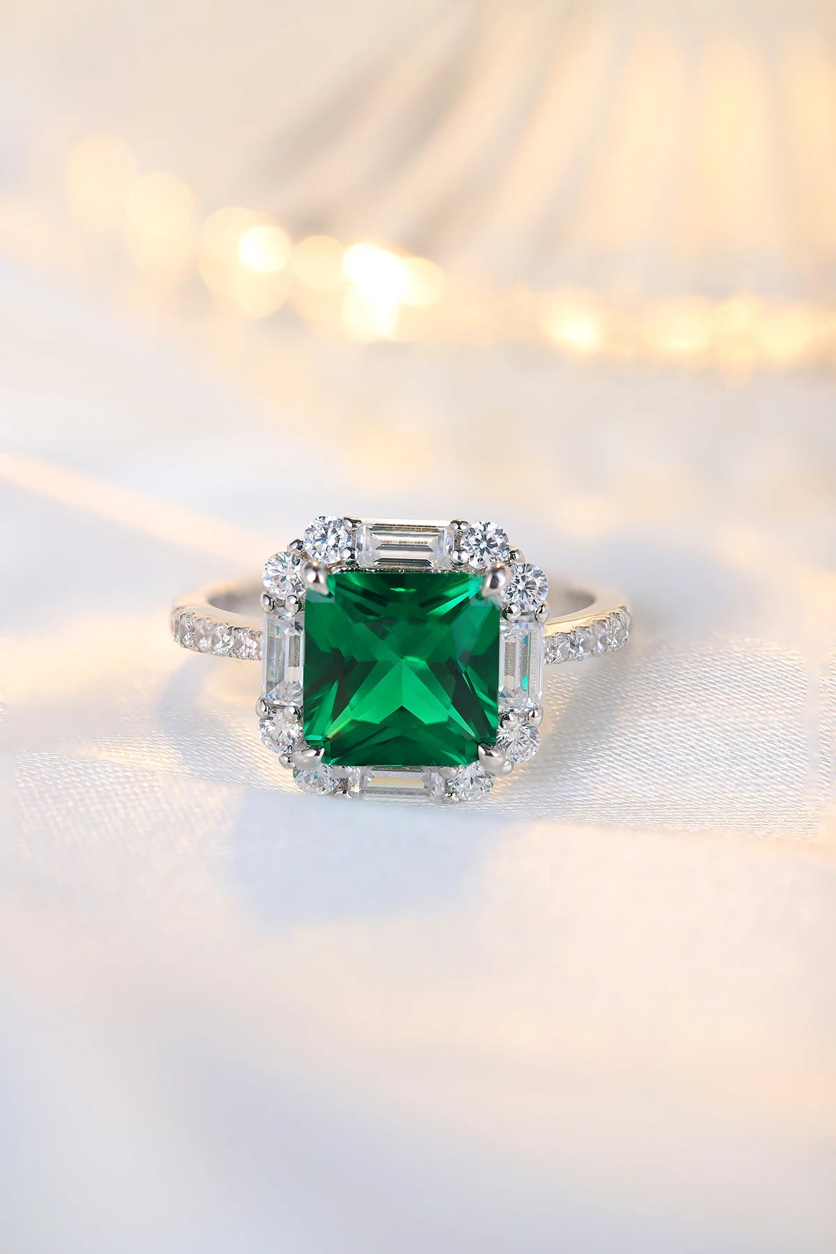 Gemfiori S925 Sterling Silver Ring for Women Colored Ice Flower Cut Asscher Emerald Snowflake Green Zirconia Lab Grown Diamond Ring