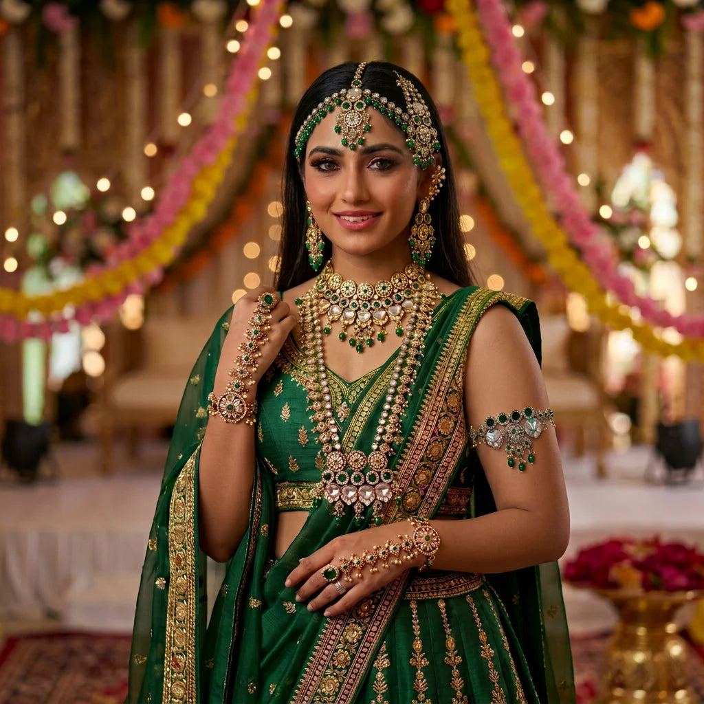 Luxury Green Kundan Bridal Jewelry Set for Women Gold Plated Polki Necklace Set with Maang Tikka Wedding Collection Wedding Set