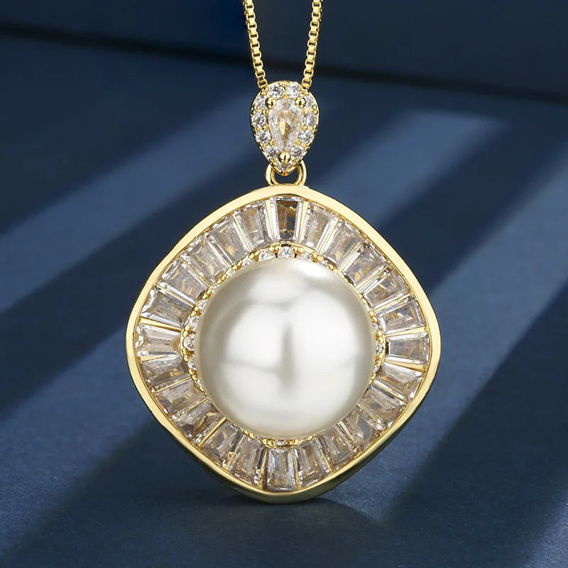 Gemfiori Hot Selling Gold White Pearl square Temperament Women's Copper Base Gold-plated Jewelry Bride Wedding Jewelry Set