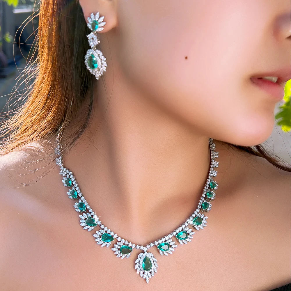 Chic White and Green Cubic Zirconia Feather Shape Necklace and Earrings Wedding Brides Banquet Luxurious Jewelry Set for Women