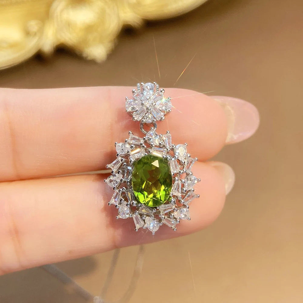 Gioiellieri Luxury 925 Sterling Silver Natural Peridot Pendant Oval Cut Solitaire Engagement Ring for Women Daily Wear Anniversary Gift