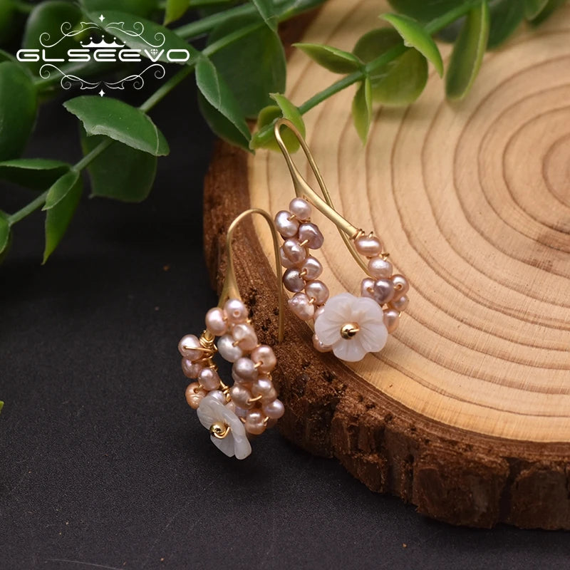 Fashion Natural Purple Pearl Drop Earrings for Women Luxury Jewelry Flower Shape Handmade Korean Earrings