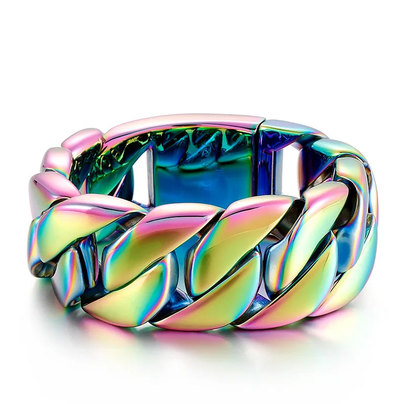 KALEN 215/220/230mm Blue/Rainbow Stainless Steel Hip-hop Cuban Link Bracelets
