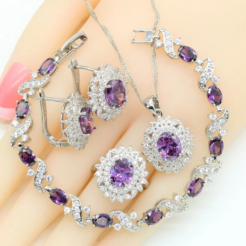 XOTICA Custom Green Purple Zircon Jewelry Set for Women Classic Wedding Bracelet Hoop Earrings Necklace Rings Gift Box for Parties