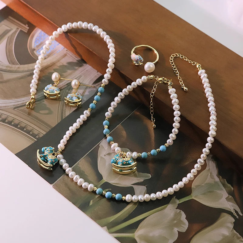 Natural Freshwater Pearl Blue Rocking Horse Jewelry Set for Women Birthday Gift Necklace Bracelet Earrings Ring Dainty Jewelry