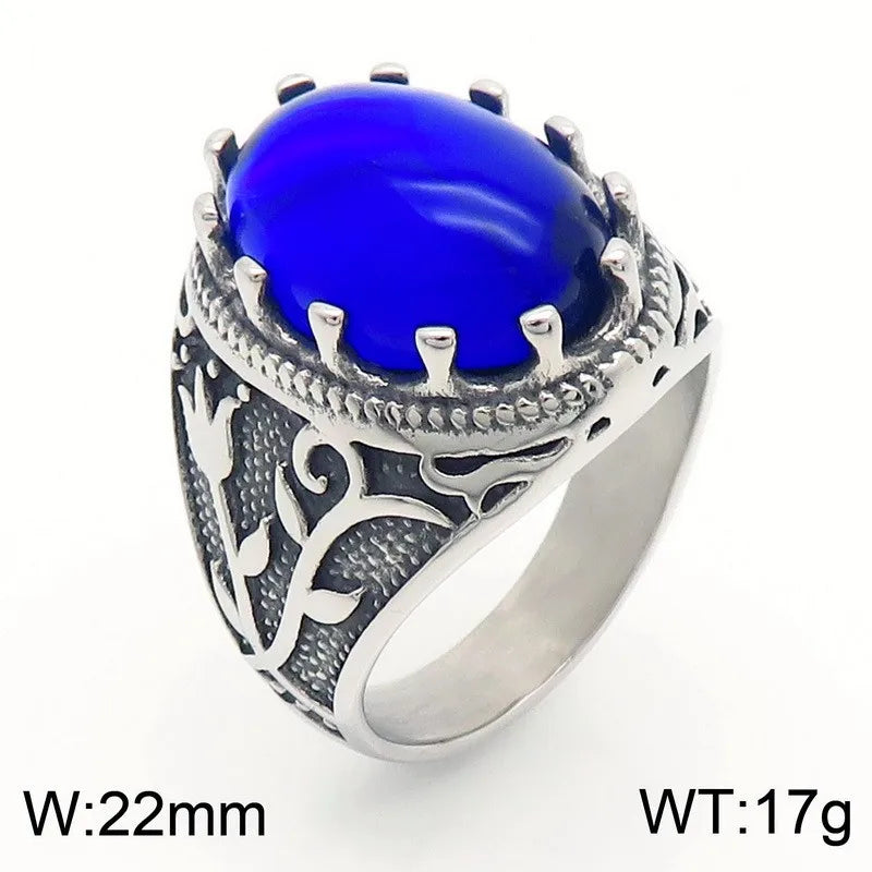 Kalen Vintage Viking Jewelry Luxury Court Style Gemstone Carved Zircon Inlays Stainless Steel Men Rings