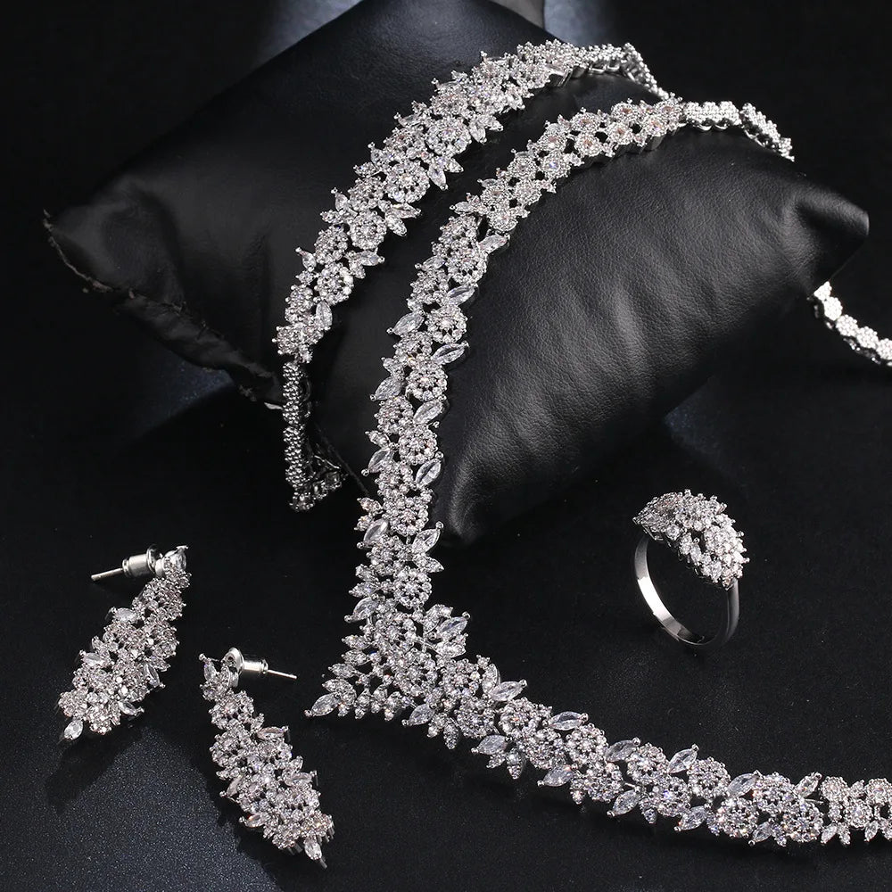 Luxury Round Brilliant Zirconia Exquisite 4-Piece Geometric Romantic Bridal Set — Rhodium Plated