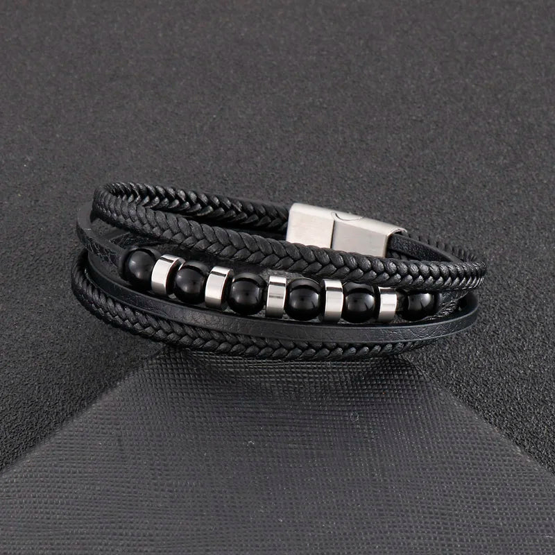 KALEN Men Casual 210mm Braided Leather Bracelet With Stainless Steel Beads
