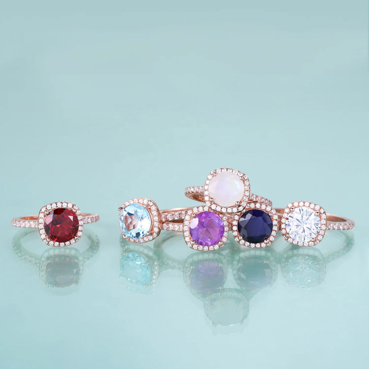 ArtistA Custom Rose Gold Plated 925 Silver Big Stone Round 8MM Natural Moonstone Amethyst Garnet Blue Topaz Square Halo Engagement Ring