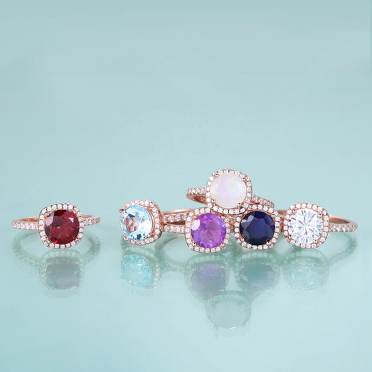 Gemfiori Custom Rose Gold Plated 925 Silver Big Stone Round 8MM Natural Moonstone Amethyst Garnet Blue Topaz Square Halo Engagement Ring