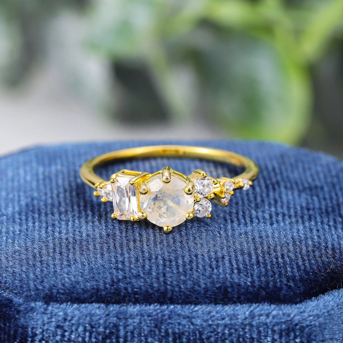 Gemfiori OL1004 Abiding Unique Design Fancy Cut Multi-Shaped Colored Gemstones Natural Moonstone 925 Sterling Silver Cluster Ring