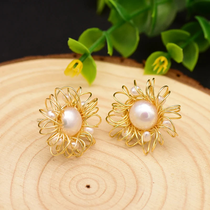 Natural Freshwater Pearls Metal Stud Earrings  Geometric Irregular  for Women Girl Gift Pearl Earrings Fashion Jewelry