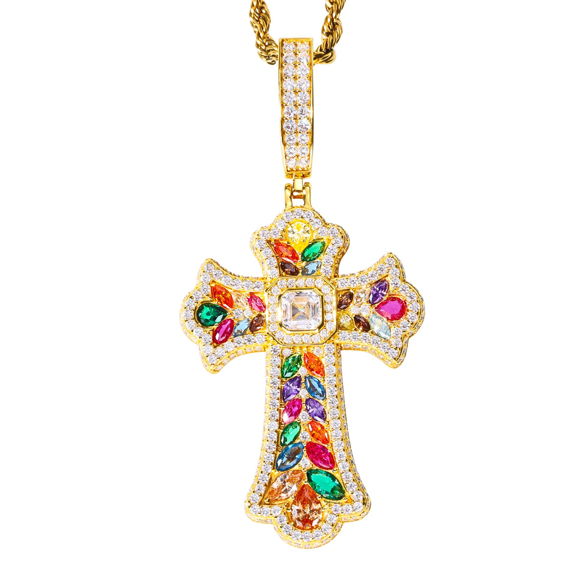 REBEL High Quality Multi Color Gemstone Iris Cross Pendant White Gold Plated Brass AAAAA CZ Diamond Iced Out Cross Charm Necklace