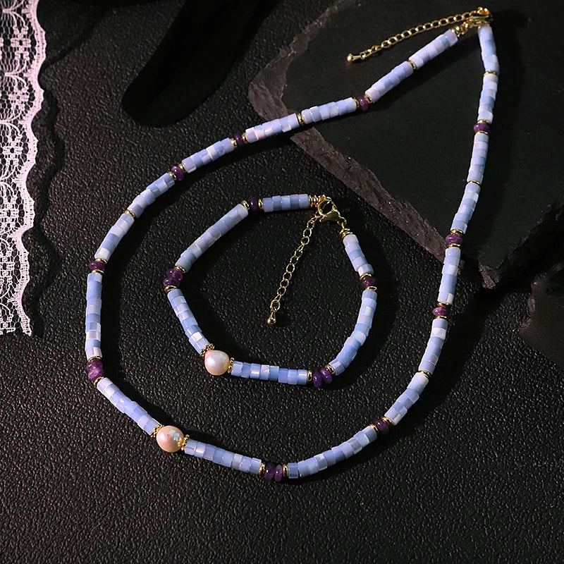 GLSEEVO Natural Freshwater Pearl & Amethyst Handmade Necklace & Earrings Set | Luxury Bridal Jewellery GS0231