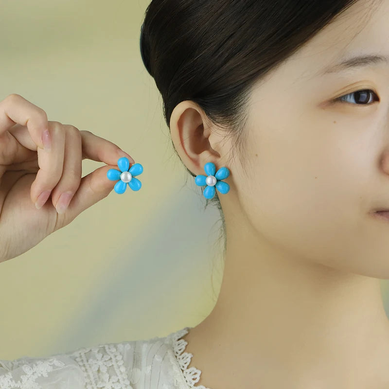 Natural Freshwater Pearl Earrings Blue Turquoise Flower-Shaped Earrings Beach Holiday Birthday Gift  for Women Jewellery GE1749