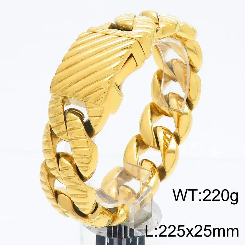 KALEN Vintage Fine Jewelry Fashion Bracelets Men Stainless Steel Striped Cuban Links Bracelet Bangle