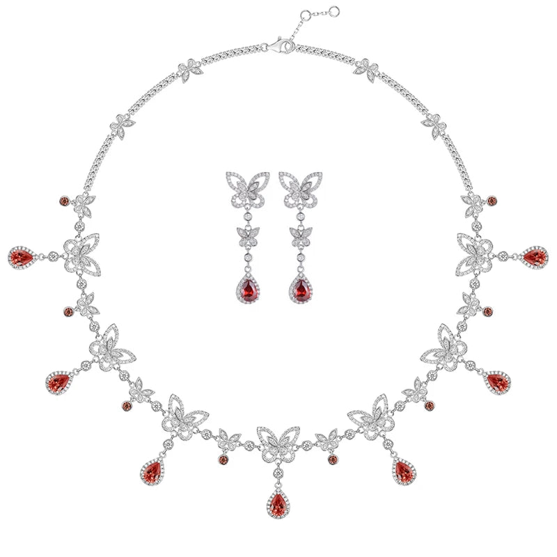 Brass Plated Gold Inlaid Zircon Colorful butterfly Necklace Earrings Bracelet Women's Banquet High-end Suit