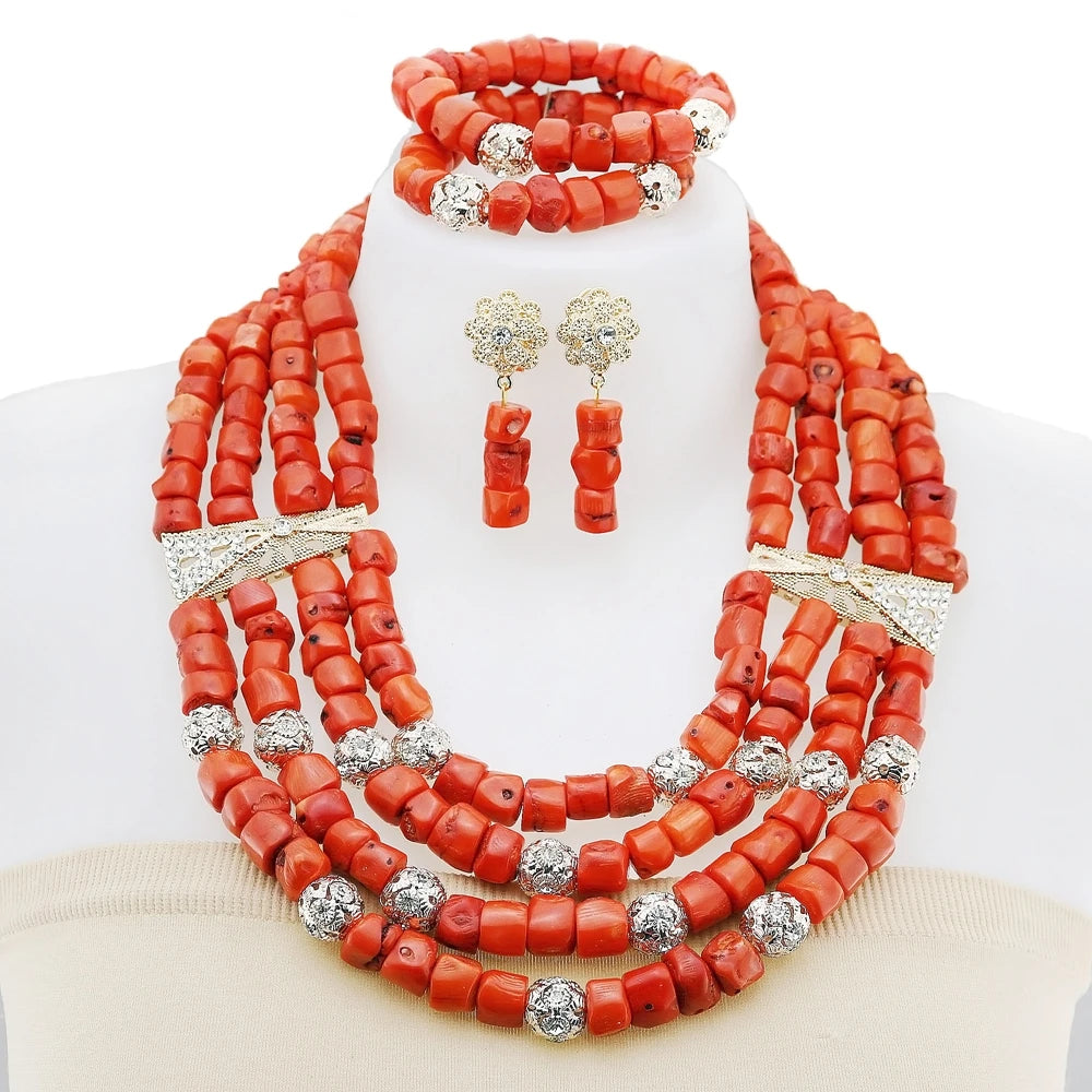 Zhuerrui Elegant Red Coral Beads Design Set Gold Accessories Necklace Sets Exquisite Craftsmanship Suitable for Party YL411