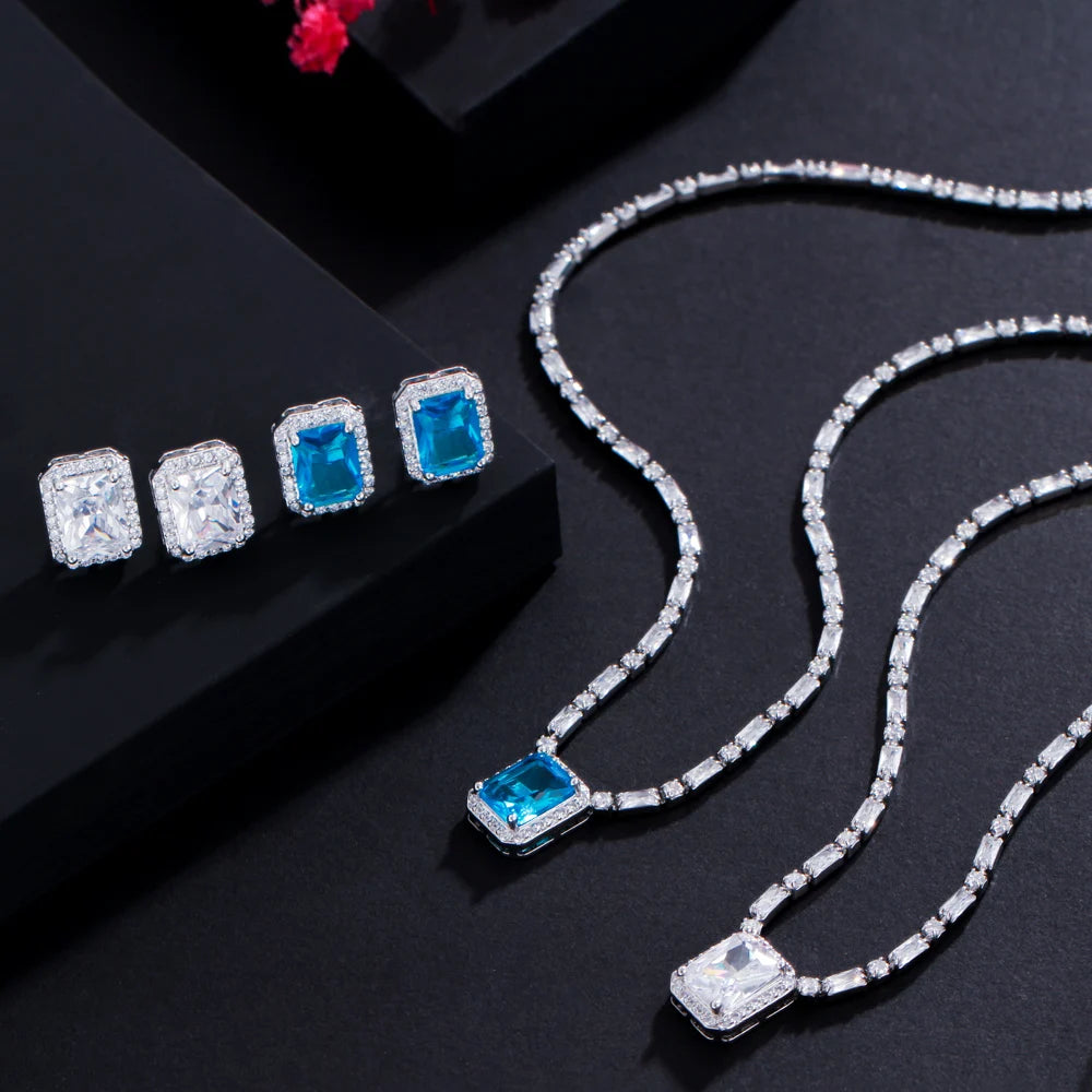 S&S CZ Square Stud Earrings & Baguette Necklace Jewellery Set – Blue & White – Collection