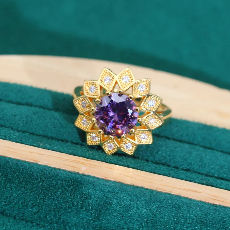 XOTICA Exquisite Purple Zircon Gold Color Jewelry Set for Women Banquet Bracelet Earrings Necklace Pendant Ring for Wedding or Party