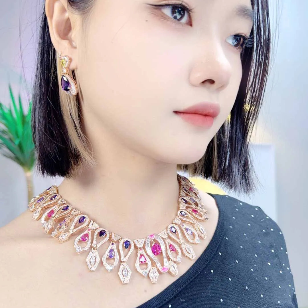 Trendy Wedding Jewelry Luxury Nigerian Wedding Bride Cubic Zirconia Chocker Necklace Dubai Gold Jewelry Set
