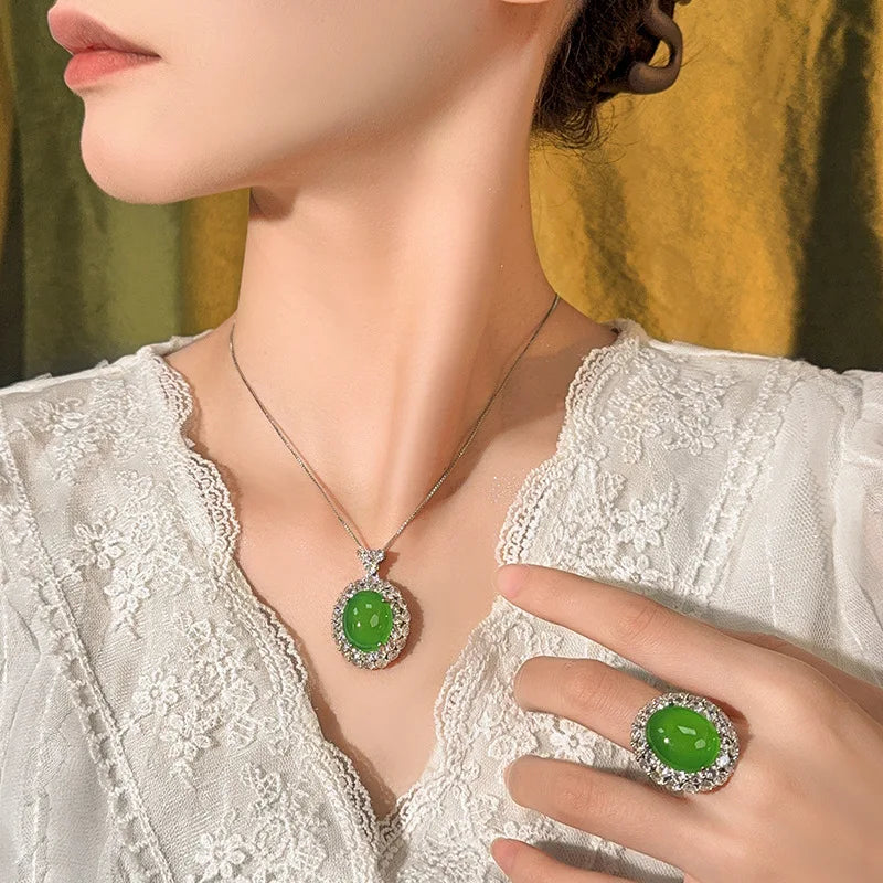 REDheart Fashion Copper Inlaid Zircon Rhodium & Gold Plated Green Chalcedony Light Luxury Anniversary Necklace Set