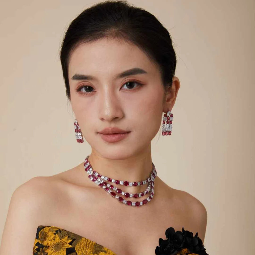 Luxury Red Ruby Zirconia Tennis Choker Necklace & Earrings Set — Rhodium Plated