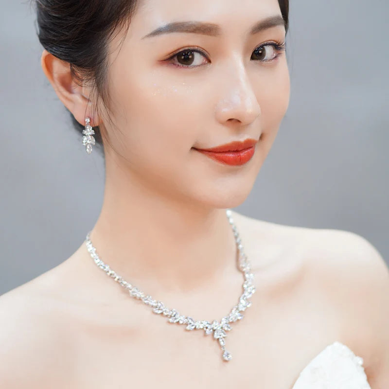 S&S CZ Leaf Bridal Jewellery Set – Dangling Earrings & Necklace – Collection