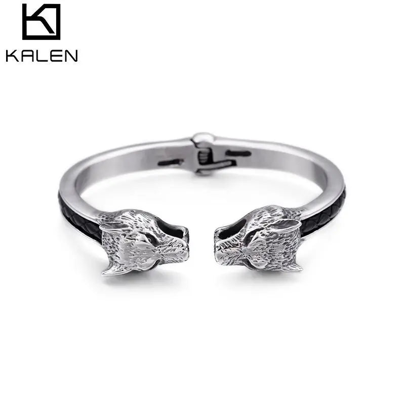 VIKING Mens Punk Wolf Leather & Stainless Steel Bangle – Silver