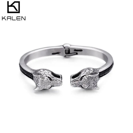 KALEN Stainless Steel Silver Color Punk  Animal Wolf Bangle for Men